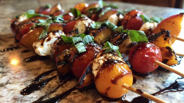 Grilled Peach Caprese Skewers with Balsamic Glaze