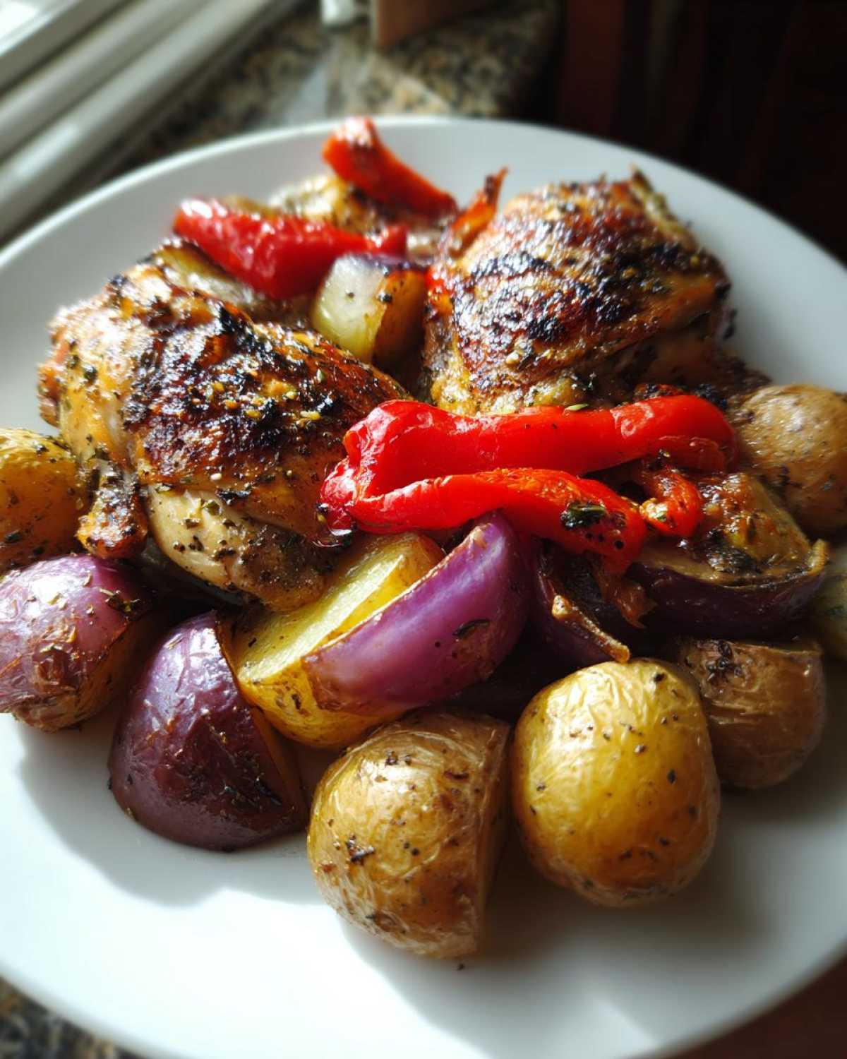 A plate featuring roasted greek chicken thighs with potatoes, red peppers, and red onions.