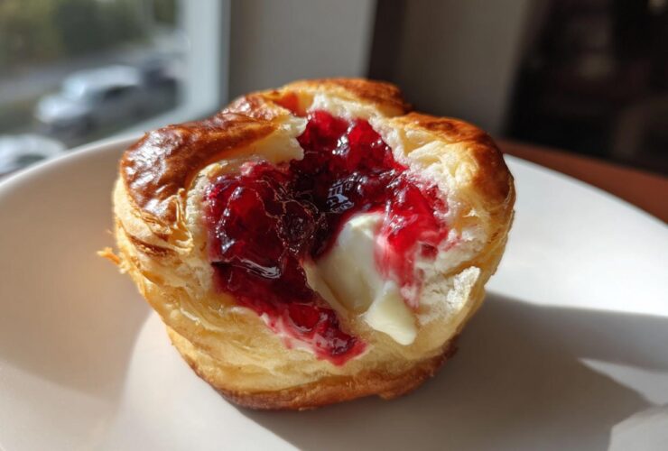 A close-up of a baked brie bite showing melted brie cheese and bright red jam inside flaky pastry.