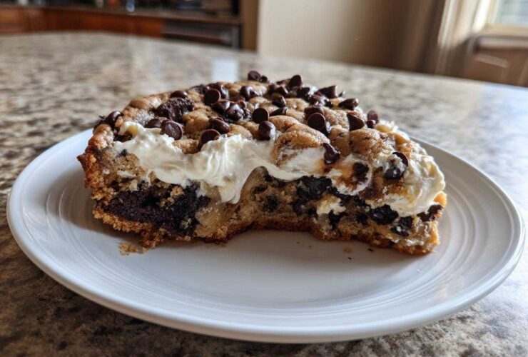 A close-up of a thick slice of chocolate chip cookie cake recipe topped with white frosting and extra chips.