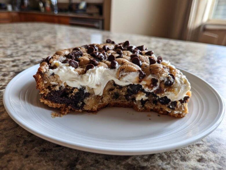 A close-up of a thick slice of chocolate chip cookie cake recipe topped with white frosting and extra chips.