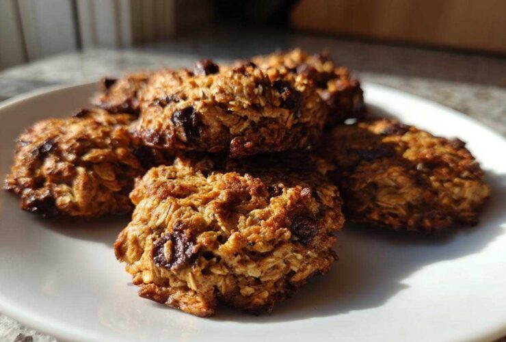 A small stack of golden brown, textured breakfast cookie treats featuring visible oats and dark fruit pieces on a white plate.