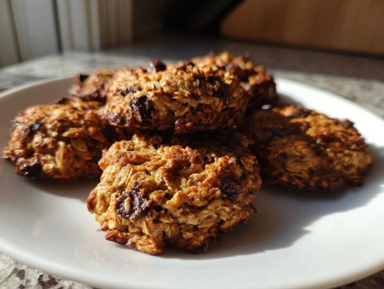 A small stack of golden brown, textured breakfast cookie treats featuring visible oats and dark fruit pieces on a white plate.