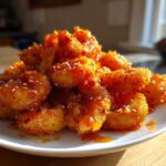 A mound of crispy, saucy Bang Bang Shrimp sprinkled with sesame seeds piled high on a white plate.