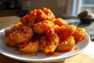 A mound of crispy, saucy Bang Bang Shrimp sprinkled with sesame seeds piled high on a white plate.