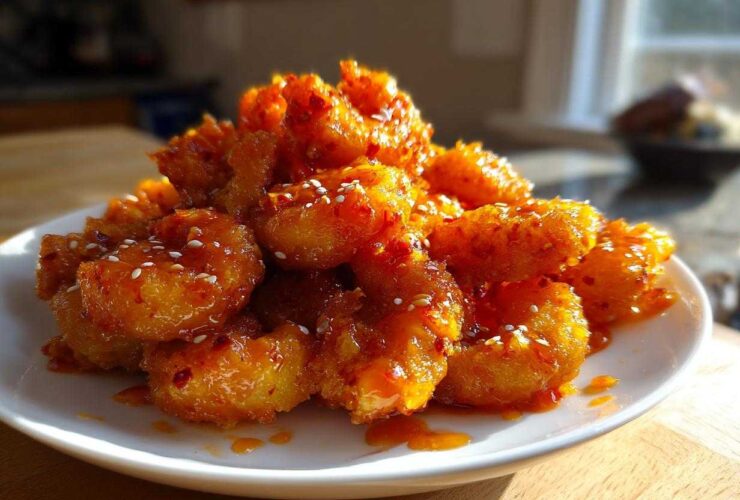 A mound of crispy, saucy Bang Bang Shrimp sprinkled with sesame seeds piled high on a white plate.