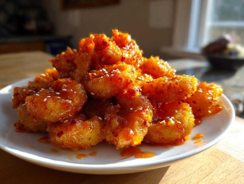 A mound of crispy, saucy Bang Bang Shrimp sprinkled with sesame seeds piled high on a white plate.