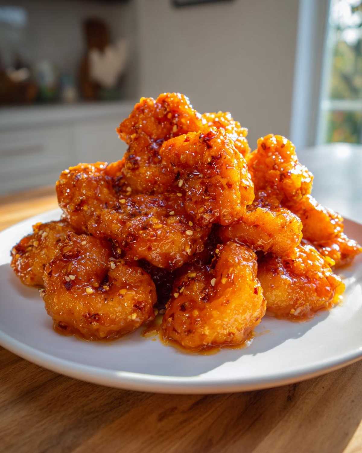 A mound of crispy, saucy Bang Bang Shrimp piled high on a white plate, glistening under natural light.