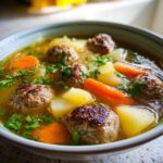 Close-up of a steaming bowl of albondigas soup featuring meatballs, carrots, potatoes, and fresh cilantro.