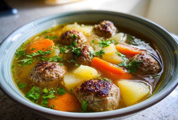 Close-up of a steaming bowl of albondigas soup featuring meatballs, carrots, potatoes, and fresh cilantro.