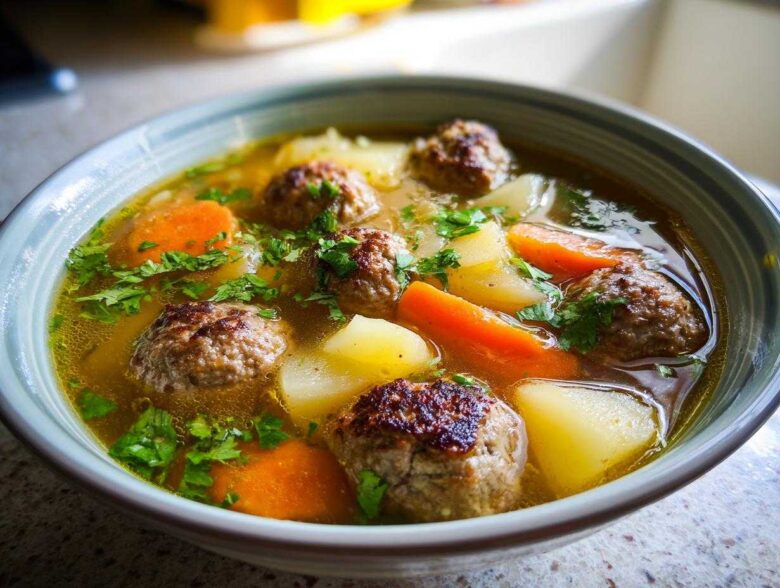 Close-up of a steaming bowl of albondigas soup featuring meatballs, carrots, potatoes, and fresh cilantro.