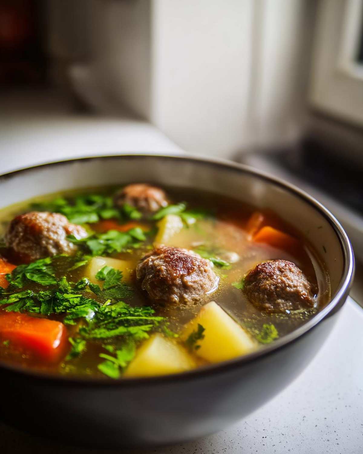 Close-up of a bowl of flavorful albondigas soup featuring browned meatballs, chunks of potato, carrots, and fresh parsley.