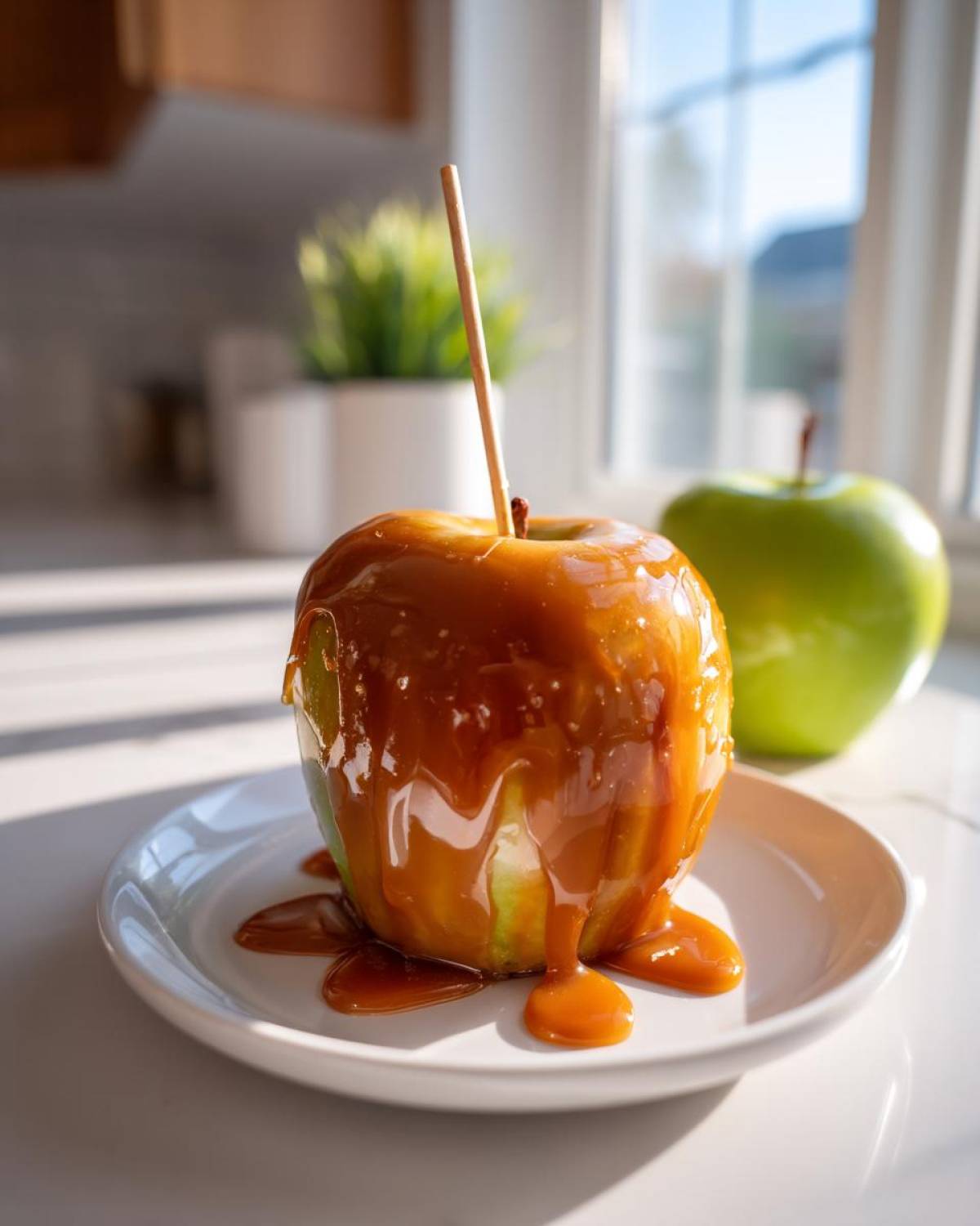 A glossy, homemade caramel apple on a white plate with excess caramel dripping down, ready to eat.