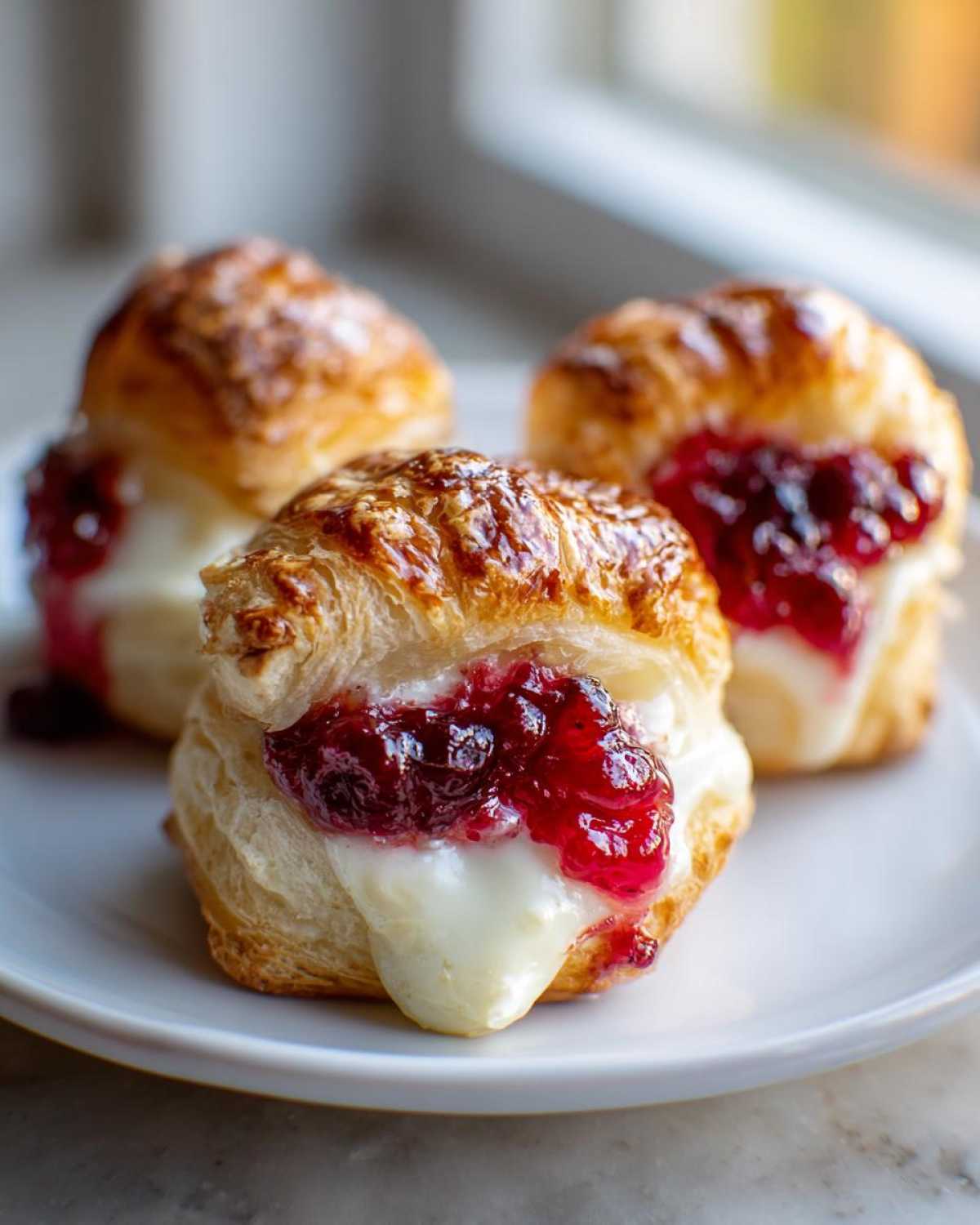 Close-up of three warm brie bites made with flaky pastry, melted brie cheese, and bright red jam.