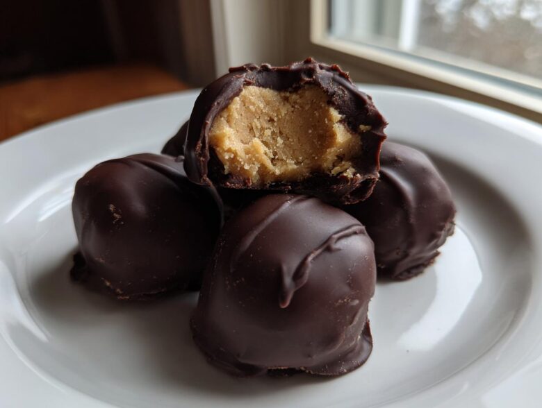 Four chocolate-covered peanut butter balls stacked on a white plate, one is broken open revealing the creamy filling.