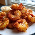 A plate piled high with crispy, golden brown coconut shrimp served with a side of creamy dipping sauce.