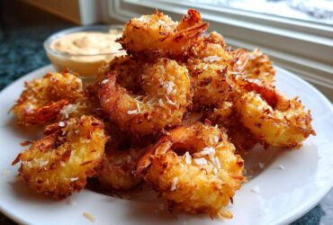 A plate piled high with crispy, golden brown coconut shrimp served with a side of creamy dipping sauce.
