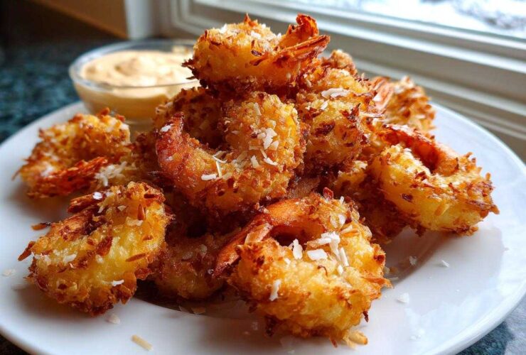 A plate piled high with crispy, golden brown coconut shrimp served with a side of creamy dipping sauce.