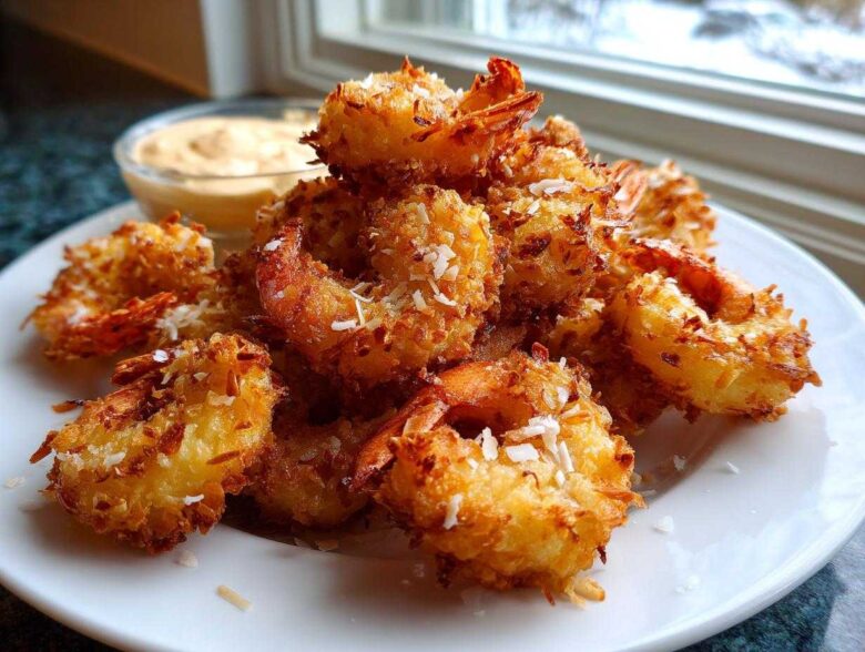 A plate piled high with crispy, golden brown coconut shrimp served with a side of creamy dipping sauce.