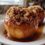 Close-up of two shiny, glazed baked apples topped with a brown sugar crumble, sitting in caramel sauce.