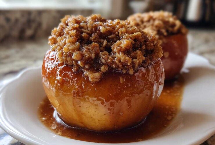 Close-up of two shiny, glazed baked apples topped with a brown sugar crumble, sitting in caramel sauce.