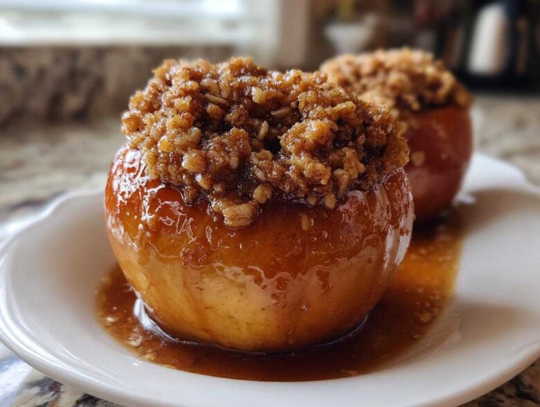 Close-up of two shiny, glazed baked apples topped with a brown sugar crumble, sitting in caramel sauce.