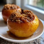 Close-up of one glossy, golden baked apples dish topped with a brown sugar crumble filling, served on a white plate.