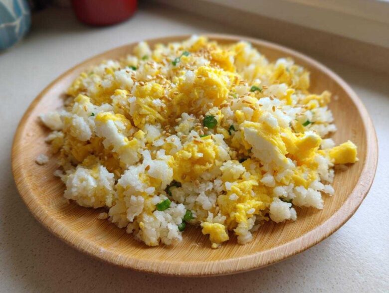 A close-up of amazing cauliflower fried rice mixed with scrambled egg, topped with sesame seeds, served on a wooden plate.