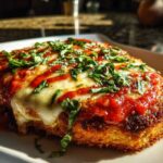 Close-up of a perfectly cooked chicken parmesan recipe cutlet topped with melted mozzarella, marinara sauce, and fresh basil.