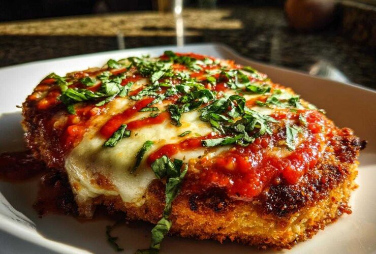 Close-up of a perfectly cooked chicken parmesan recipe cutlet topped with melted mozzarella, marinara sauce, and fresh basil.