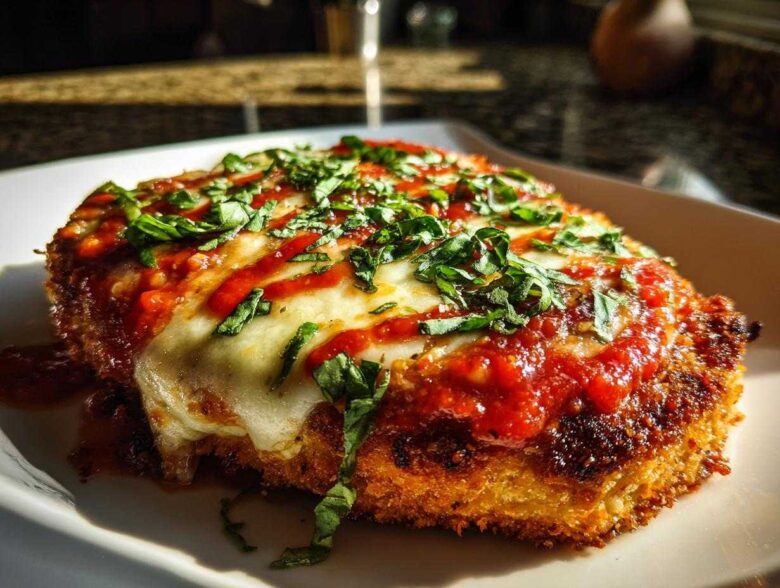 Close-up of a perfectly cooked chicken parmesan recipe cutlet topped with melted mozzarella, marinara sauce, and fresh basil.
