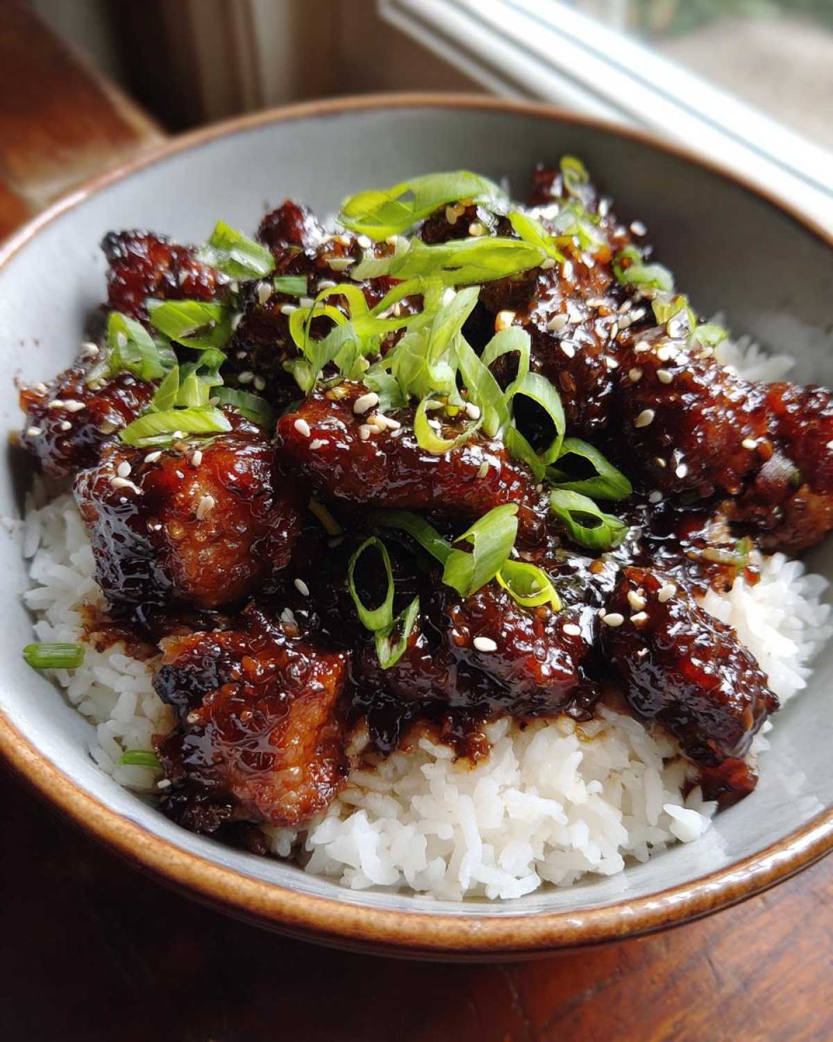 Close-up of a delicious chicken rice bowl featuring sticky, dark glazed chicken pieces over white rice, topped with green onions and sesame seeds.