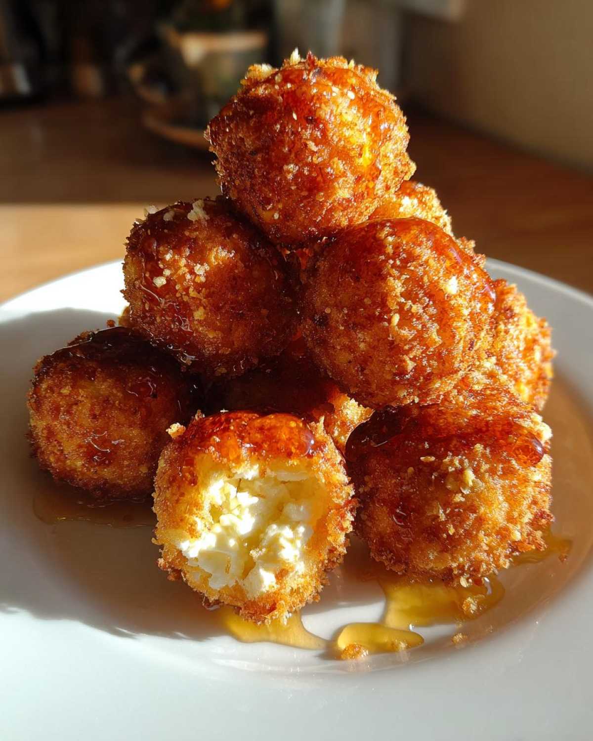 A stack of crispy, golden-brown fried goat cheese balls drizzled with honey, one cut open showing the soft white cheese filling.