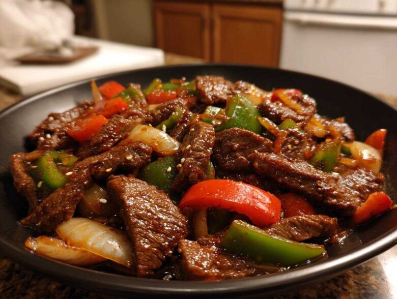 Close-up of savory pepper steak stir-fry with strips of beef, green peppers, red peppers, and onions in a dark sauce.