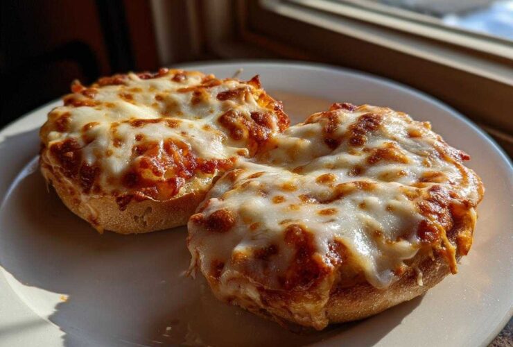 Two freshly baked pizza bagels topped with melted, browned mozzarella cheese served on a white plate.