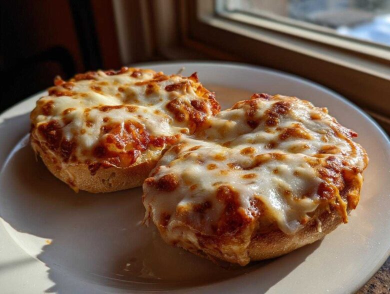 Two freshly baked pizza bagels topped with melted, browned mozzarella cheese served on a white plate.