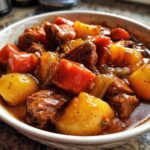 Close-up of a hearty bowl filled with rich, slow-cooked pork stew, featuring tender meat, carrots, and potatoes.