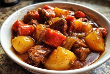Close-up of a hearty bowl filled with rich, slow-cooked pork stew, featuring tender meat, carrots, and potatoes.
