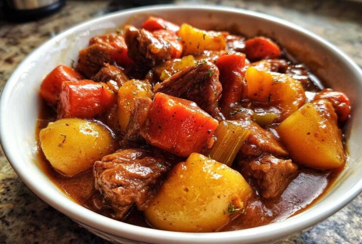 Close-up of a hearty bowl filled with rich, slow-cooked pork stew, featuring tender meat, carrots, and potatoes.