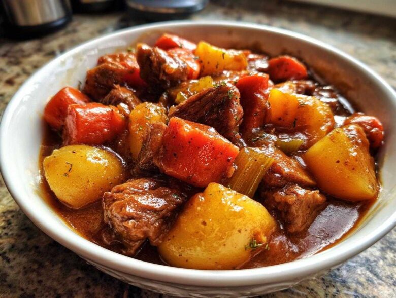 Close-up of a hearty bowl filled with rich, slow-cooked pork stew, featuring tender meat, carrots, and potatoes.