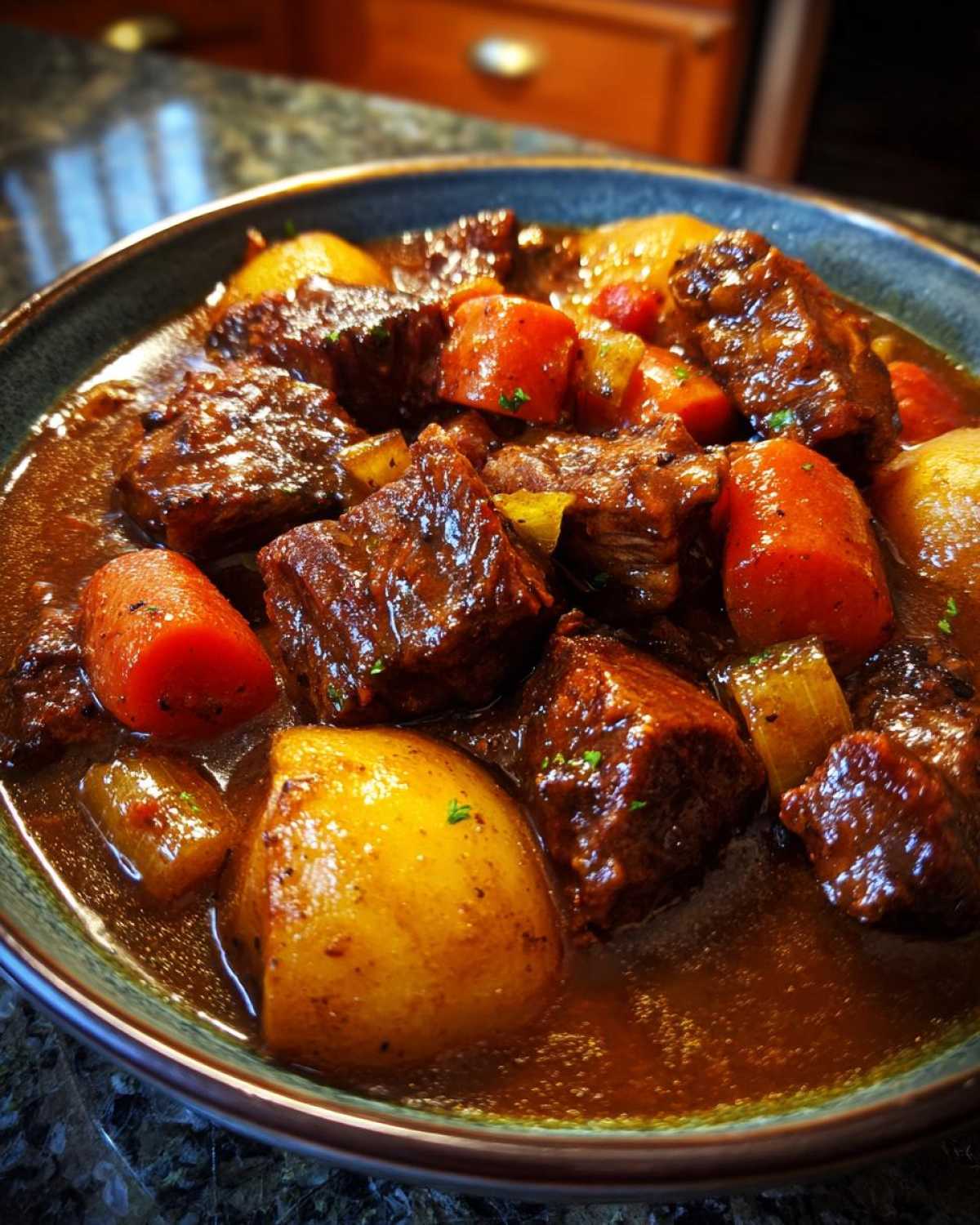 Close-up of a hearty bowl of rich pork stew with chunks of meat, carrots, and potatoes in a dark gravy.