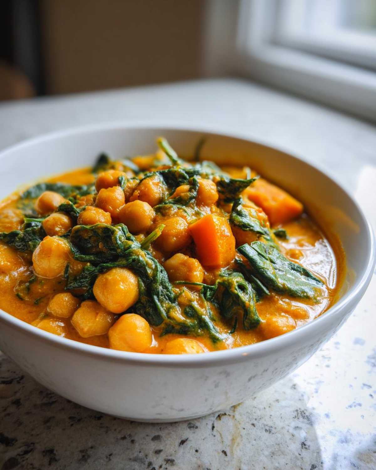 A close-up of a white bowl filled with rich, orange pumpkin curry featuring chickpeas, chunks of sweet potato, and wilted spinach.