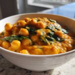 A close-up of a hearty bowl of amazing pumpkin curry featuring chickpeas and wilted spinach.
