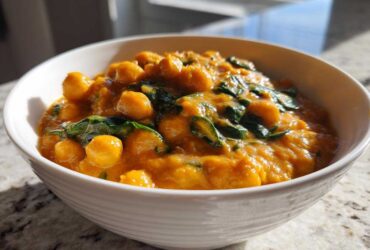 A close-up of a hearty bowl of amazing pumpkin curry featuring chickpeas and wilted spinach.