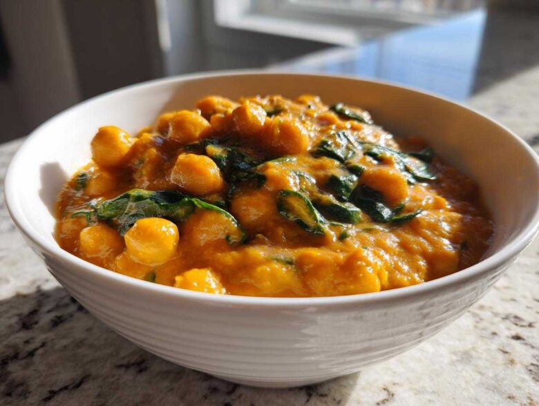 A close-up of a hearty bowl of amazing pumpkin curry featuring chickpeas and wilted spinach.