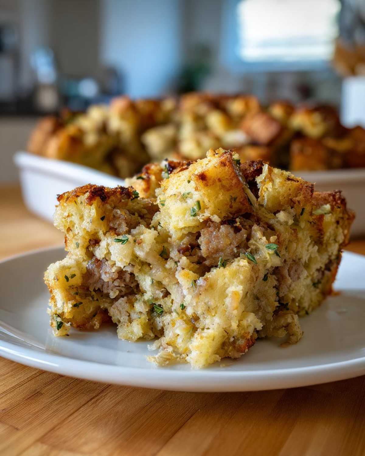 Close-up of a serving of amazing sausage stuffing on a white plate, showing bread cubes and savory sausage filling.