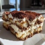 A close-up shot of a rich slice of tiramisu recipe, layered with cream and dusted heavily with cocoa powder.