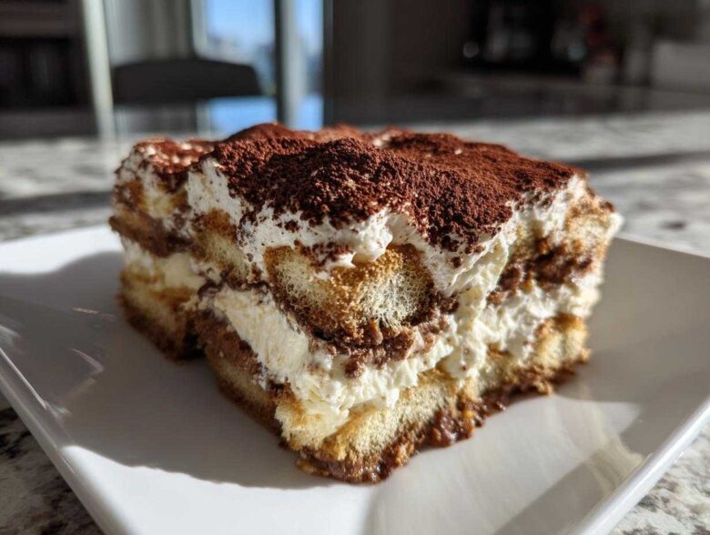A close-up shot of a rich slice of tiramisu recipe, layered with cream and dusted heavily with cocoa powder.