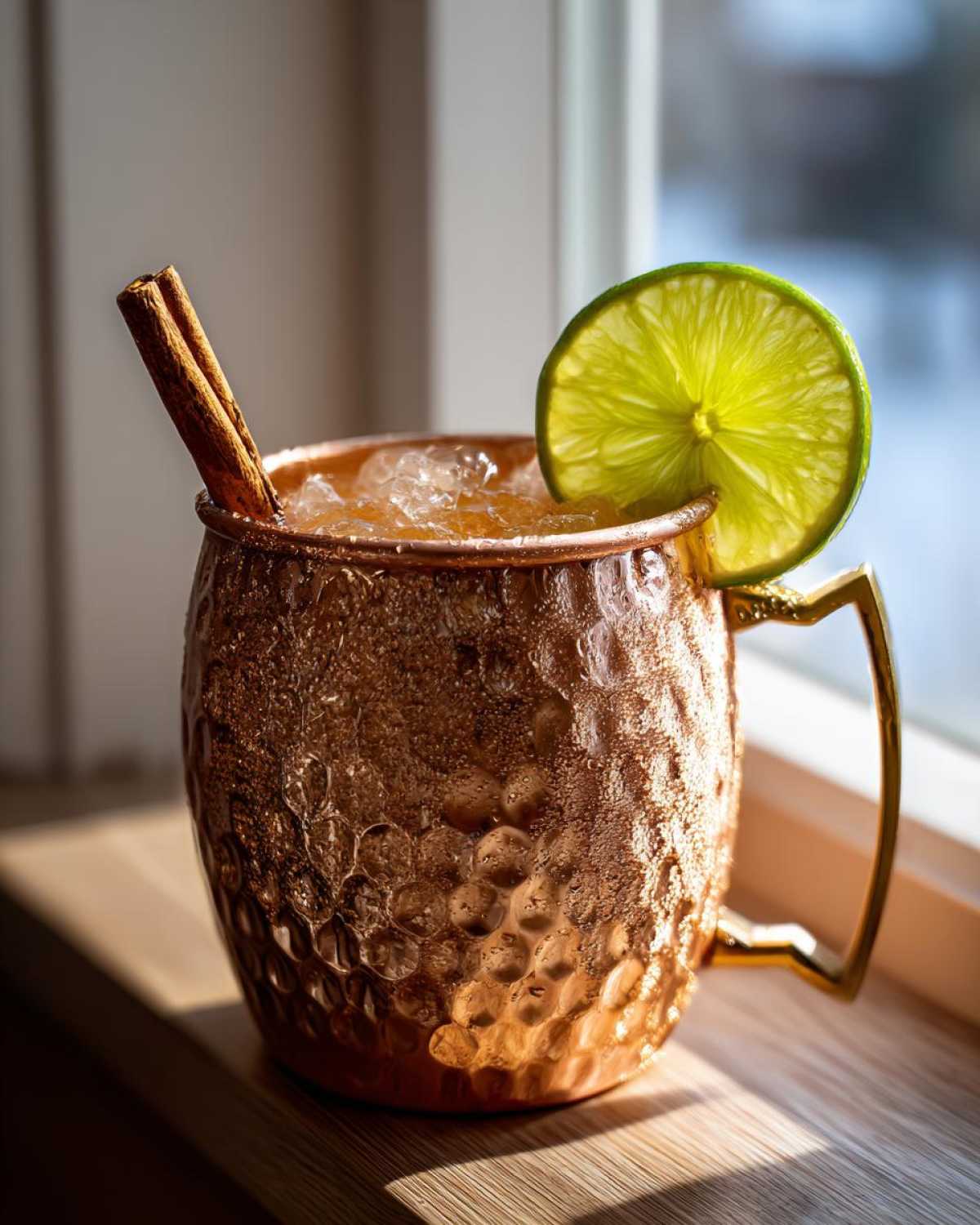 A frosty copper mug filled with an apple cider moscow mule, garnished with a lime wheel and cinnamon stick.