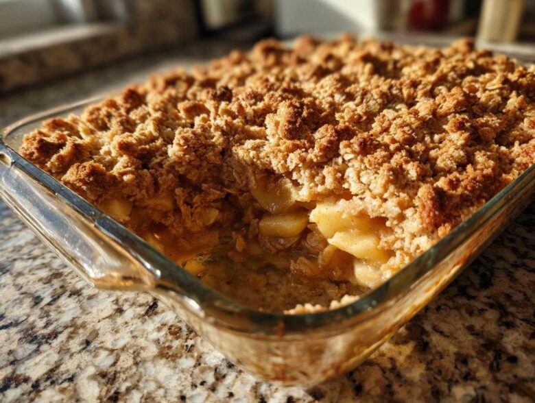 Close-up of a golden brown apple crisp recipe baked in a clear glass dish, showing the crunchy topping and soft apples.